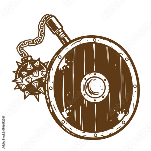 Vintage Grunge Vintage medieval flanged mace with chain and spiked ball next to wooden shield