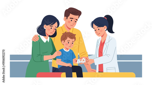 Comfort in Care: A family finds reassurance as a caring doctor attends to their child's needs, creating a sense of trust and well-being.
