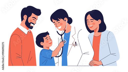 Medical check up for kid: A scene of trust and care between a family and a doctor, in which a boy and his parents are visiting their doctor for a routine medical check-up.