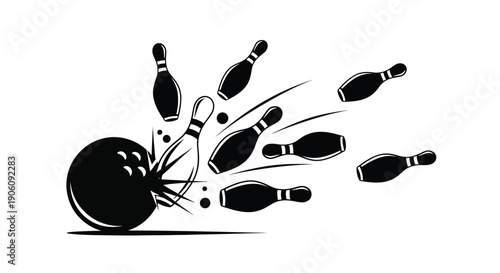 A dynamic illustration depicts bowling pins scattering after a strike presented as a striking silhouette high quality professional detailed modern elegant stylish
