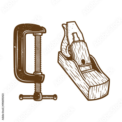 Vintage Grunge Vintage style illustration of a metal Cclamp and a woodworking plane on a white background
