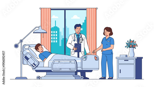 Hospital Room: A patient lies in a hospital bed as a doctor and a nurse provide care, illustrating the dedication to healing and well-being.