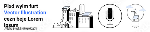 Sustainability, renewable energy, urban development, green technology, innovation, communication. Urban buildings with solar panels, microphone icon and renewable energy light bulb. Sustainability
