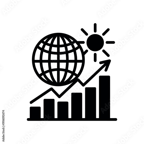 A black and white icon of a growing graph with a globe and sun symbolizing global growth and success