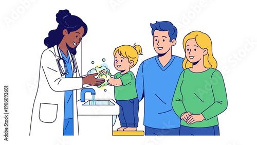 Doctor's Care and Family Wellbeing: A healthcare professional guides a young child in proper handwashing technique, with supportive parents witnessing, depicting health and hygiene in action.