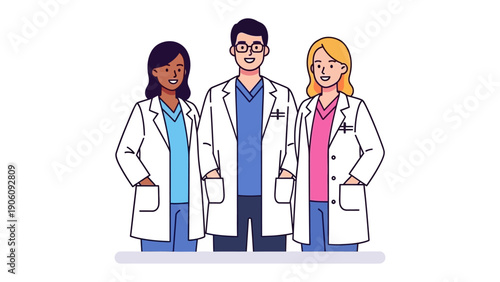 Medical Team: A professional team of medical doctors and healthcare professionals standing in a clean, modern style, poised to provide care.