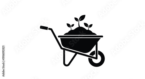 A black silhouette of a wheelbarrow filled with sprouting plants and rich soil gardening concept silhouette high quality professional detailed modern elegant