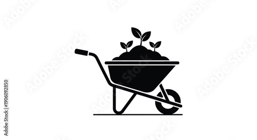 A minimalistic black silhouette depicts a wheelbarrow filled with sprouting plants and fertile soil silhouette high quality professional detailed modern elegant stylish