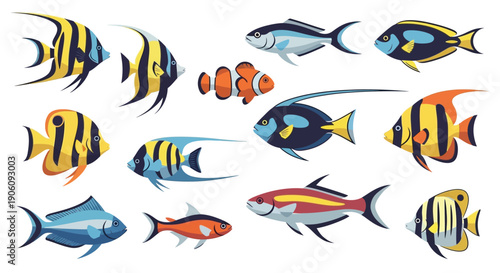 A vibrant collection of colorful tropical fish illustrations displayed against a clean white background silhouette high quality professional detailed modern elegant stylish