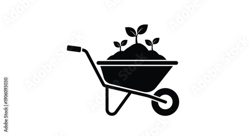 A black silhouette depicts a wheelbarrow filled with sprouting plants and rich soil gardening silhouette high quality professional detailed modern elegant stylish