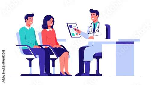 Doctor's Consultation: A doctor is having a medical consultation with a couple, reviewing results on a tablet.
