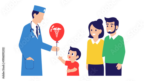 Family Healthcare: A caring doctor extends a red balloon adorned with a medical symbol towards a young child, accompanied by his parents, symbolizing health and well-being.