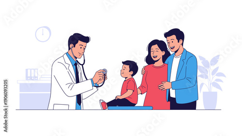 Checkup day at the clinic: The medical professional listens carefully to the young patient's heart and lungs, with the supportive family watching over in this health checkup.