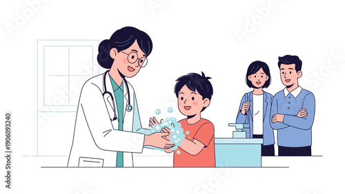 Doctor Guiding Hand Hygiene: A compassionate doctor demonstrates proper handwashing technique to a young patient, with the child's parents observing. Highlighting the importance of hygiene and health