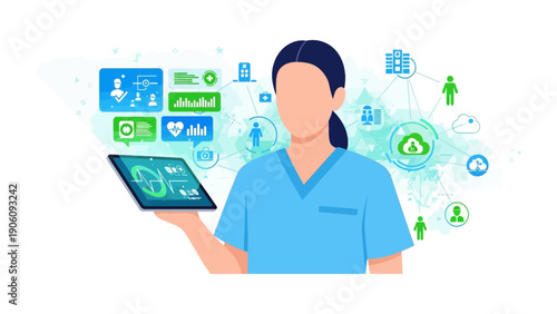 Digital Health: A modern professional, engaged in the world of digital health and technology, utilizes advanced tools and innovations to improve the quality of healthcare.