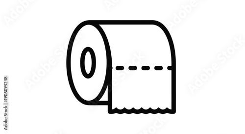 A simple line drawing depicts a roll of toilet paper partially unrolled in stark black and white silhouette high quality professional detailed modern elegant