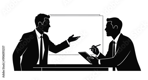 A business presentation is occurring between two suited men depicted in a stark black silhouette high quality professional detailed modern elegant stylish