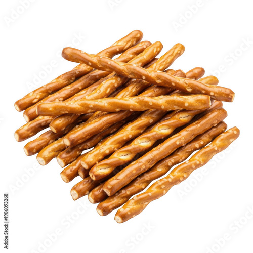 A pile of crispy, golden-brown pretzel sticks arranged neatly on a plain background