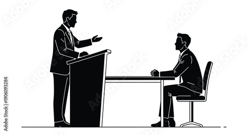 A formal business meeting is depicted with two men one presenting and one seated in silhouette high quality professional detailed modern elegant