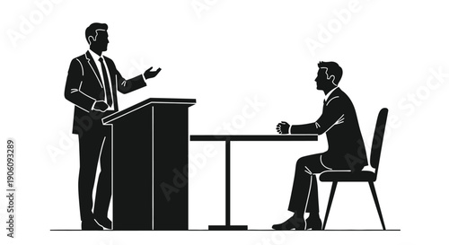 A formal business meeting is depicted featuring a speaker and an interviewee rendered as a silhouette high quality professional detailed modern elegant