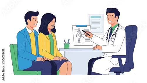Medical Consultation: A couple engages in a consultation with a doctor. The doctor provides medical advice or explains something.