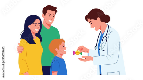Medical Visit: A compassionate doctor examining a child's mouth during a checkup, while supportive parents look on, symbolizing health and care.