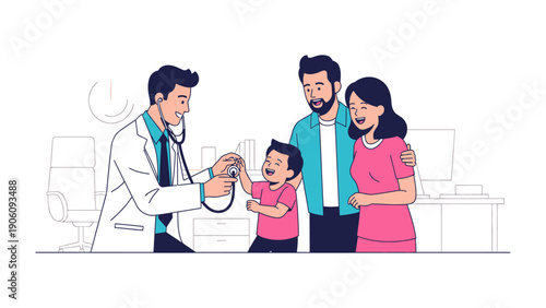 Family's Health Check: A doctor in a pristine examination room provides compassionate care for a family, emphasizing the importance of preventive health care and the doctor-patient relationship.