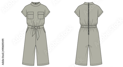 Technical fashion illustration of a minimalist jumpsuit design front and back views flat sketch silhouette high quality professional detailed modern elegant stylish