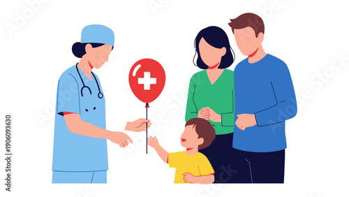 Healthcare Hero: A healthcare professional presents a red balloon to a young child, watched over by parents, symbolizing care, support, and the promise of a brighter future. 