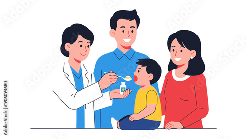 Medical Care for a Young Patient: A compassionate healthcare provider carefully administers essential medicine to a young child, supported by the attentive presence of their family.
