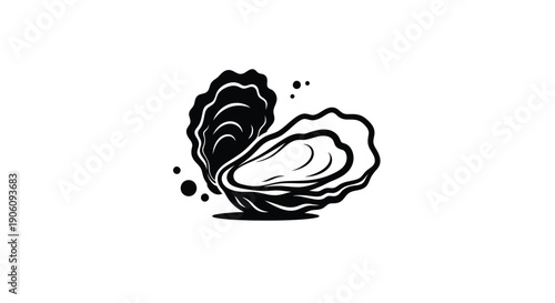 An artistic black and white illustration showcases an open oyster shell with a pearl presented as a silhouette high quality professional detailed