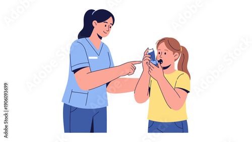 Guidance in Inhalation: A compassionate medical professional guides a young individual in the proper use of an inhaler, promoting respiratory wellness and understanding