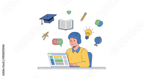 A person working on a laptop surrounded by education and technology symbols in a modern workspace