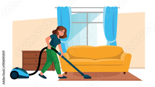 A woman vacuuming a living room with a yellow couch and blue curtains