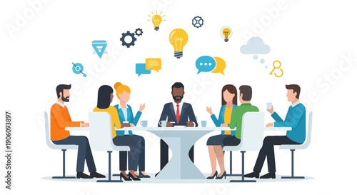 Diverse professionals collaborating around a table with innovative ideas and technology symbols surrounding them in a modern setting from a top-down viewpoint