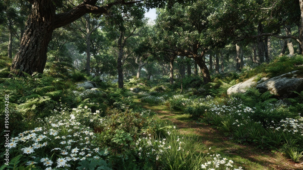 Fototapeta premium Enchanted Forest Path Lush Greenery With Daisy Flowers Sunlight Dappled Through Trees