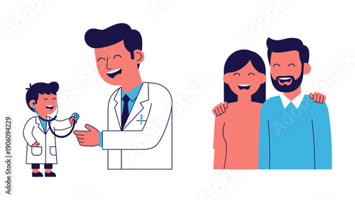 Health and Family : A cartoon illustration depicting a doctor interacting with a child while a happy family stands together, capturing themes of health, care, and family bonding.