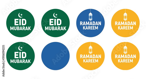 Collection of Eid Mubarak and Ramadan Kareem circular badges with Islamic symbols.