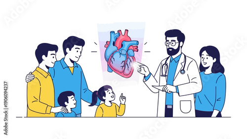 Family Health Consultation: A doctor is explaining the human heart to a family. They are engaged in a medical consultation, with an illustration of the heart. 