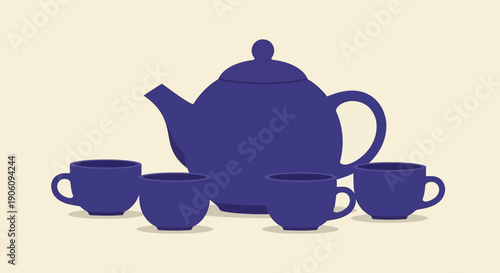 Elegant Blue Teapot and Four Cups Set for a Serene Tea Time.