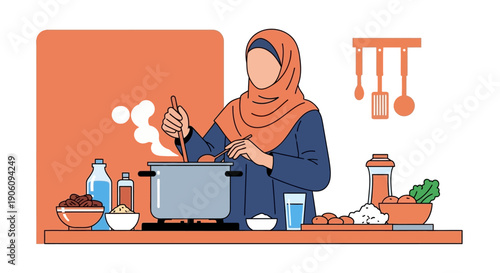 Muslim woman in hijab cooking in a kitchen.