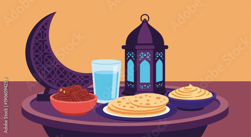 Ramadan Iftar meal with dates water bread and a traditional lantern.