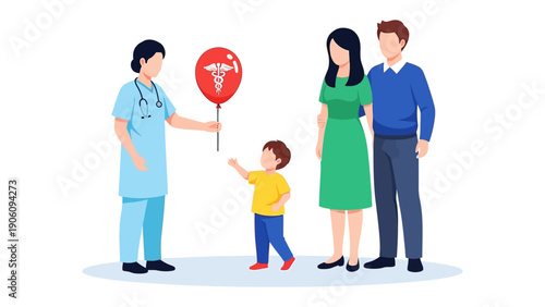 Healthcare Harmony: A caring healthcare worker presents a symbolic healthcare balloon to a family, emphasizing health and well-being. This scene symbolizes the importance of medical support.