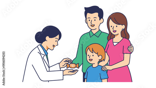 The Doctor's Gentle Guidance: A doctor shares a moment of warmth, interacting with a family, promoting health education and healthcare in a caring and supportive environment. 