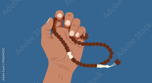Hand holding prayer beads for spiritual reflection and devotion.