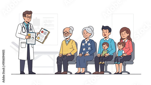 Healthcare Consultation: A doctor in a white coat consults with patients in a waiting room, reviewing medical charts and discussing treatment plans, emphasizing patient care and professional demeanor.