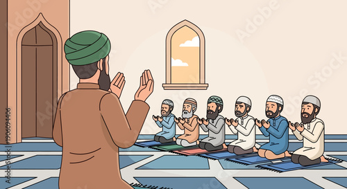 Muslim men praying in a mosque led by an Imam.
