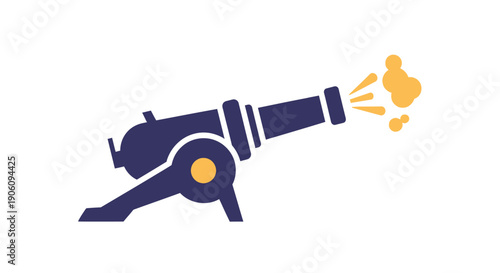 Cannon firing a projectile in a simple graphic illustration.