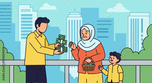 Man giving money to an elderly woman and a child representing financial assistance and support.