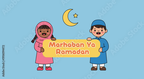 Two Muslim children holding a Marhaban Ya Ramadan banner.